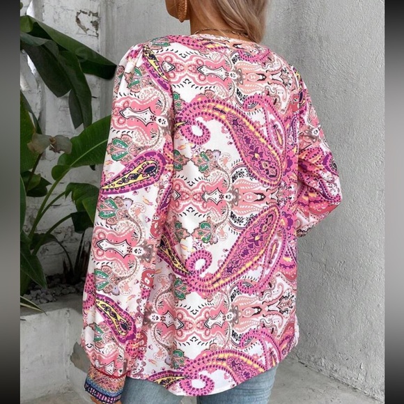 Boho Paisley Print Notched Neckline Lantern Sleeve Top Blouse Shirt - Picture 2 of 3